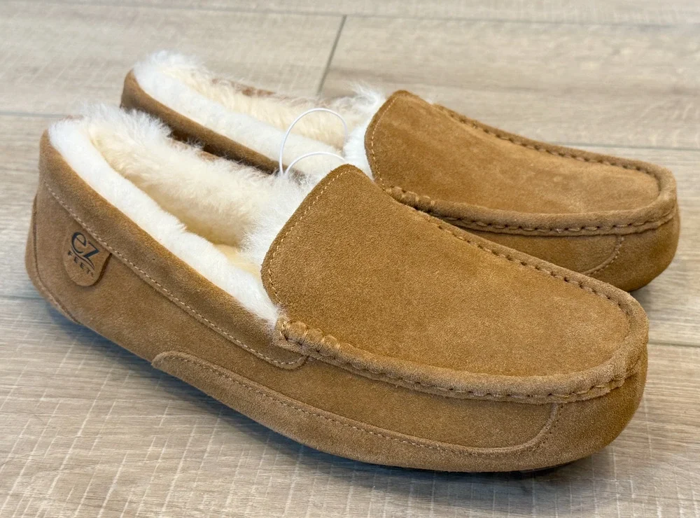NEW EZ FEET CHESTNUT INDOOR OUTDOOR SHEARLING SLIP ON MOCCASIN SLIPPERS SHOES 10